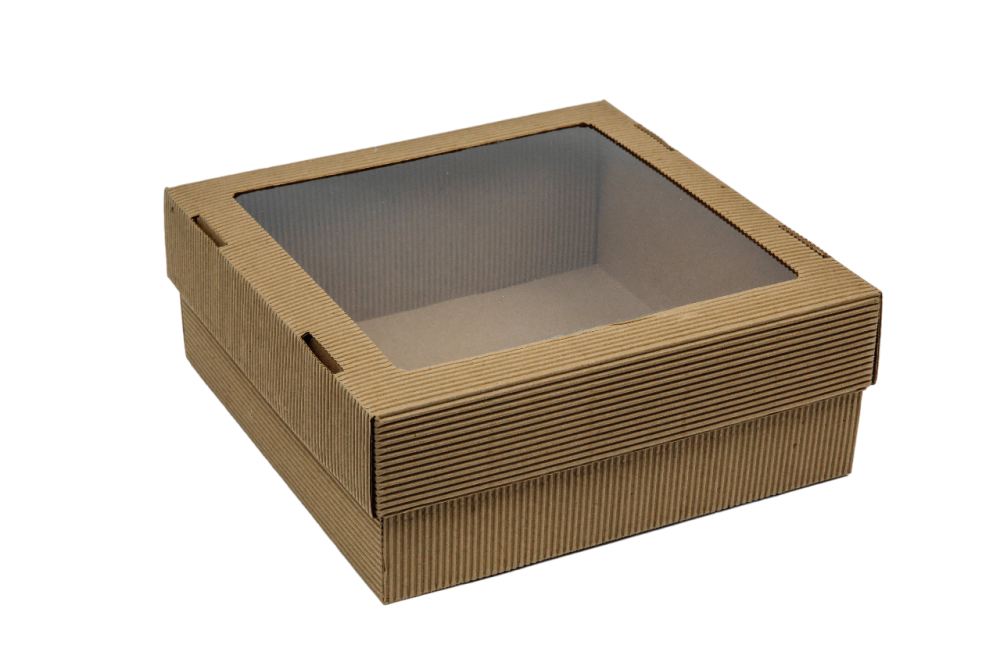 Гофрированная упаковка с окном для подарков. Серия "Fupeco LOFT". Размер 300*300*120. Крышка + дно, бур/бур