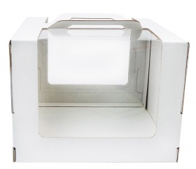 Гофрированная коробка для торта серия "Fupeco RWinCakeHandBox" Премиум c ручками и круговым окном 260*260*200 от 1 до 3 кг бел/бел (Д 15-26см)