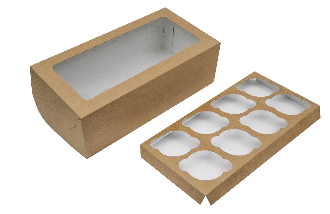 Картонная упаковка с прозрачным окном серия "Fupeco WinCupcakeBox" Стандарт  под капкейки на 8 шт, из бур/бел крафт картона. Размер 330*160*110 мм.