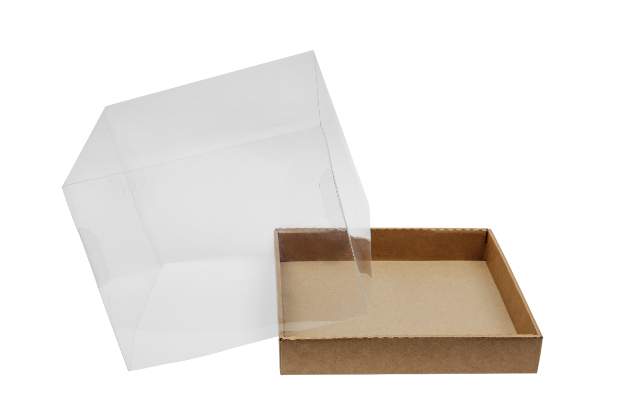 Коробка для торта и кулича с прозрачной пластиковой крышкой до 2кг Р-р 240*240*200, серия "Fupeco GlassTopCakeBox" Премиум, бур/бур