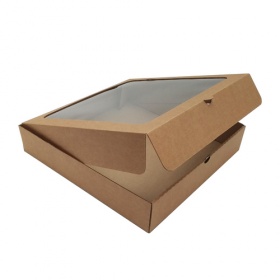 Гофрированная картонная коробка для пирога с окном серия "Fupeco WinPieBox" Крафт, 300*300*60 из 3-х слойного микрогофрокартона бур/бур (Д 25-30 см)