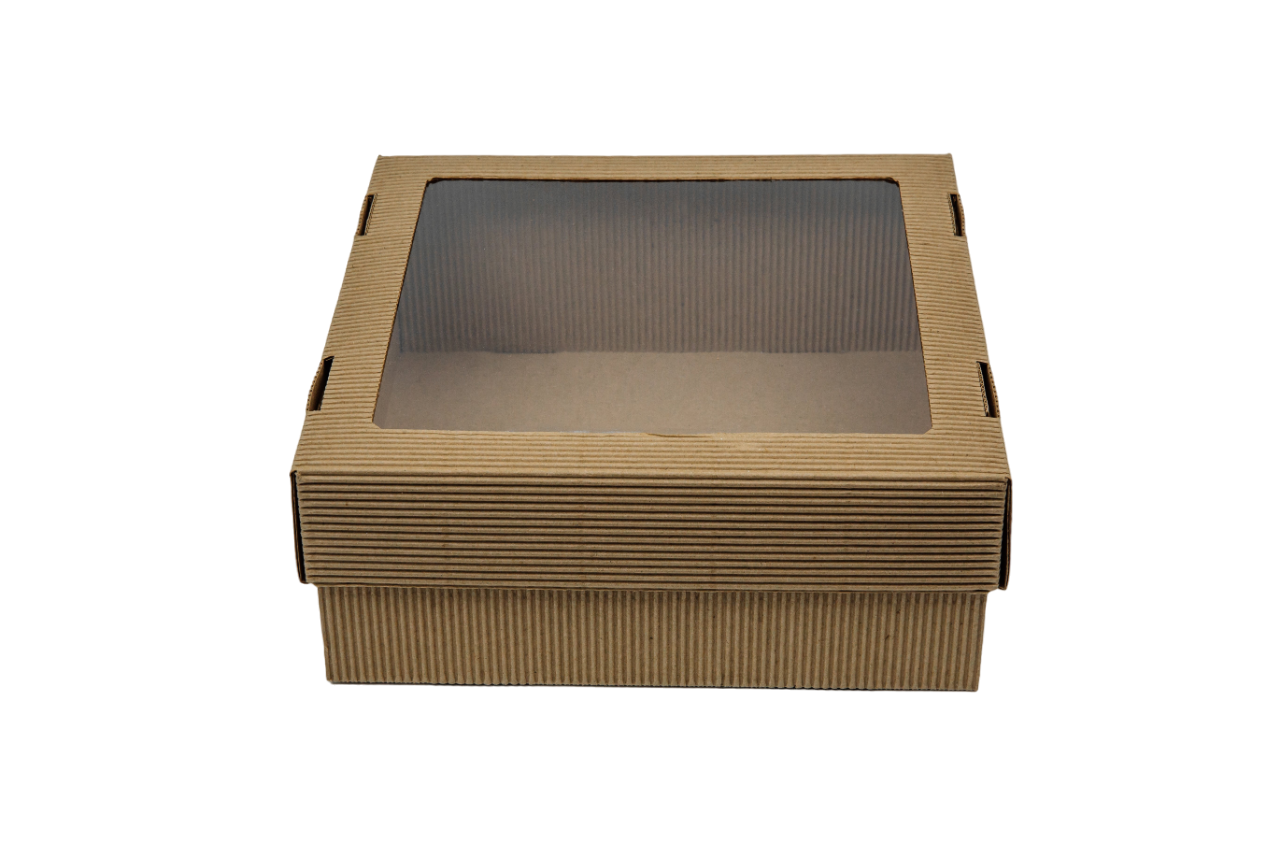 Гофрированная упаковка с окном для подарков. Серия "Fupeco LOFT". Размер 300*300*120. Крышка + дно, бур/бур