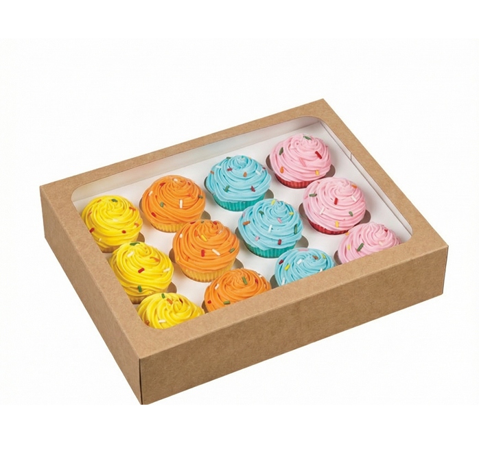 Коробка картонная серия "Fupeco WinCupcakeBox" для капкейка на 12шт с прозрачным окном из бур/бур крафт картона. Размер 330*250*110 мм