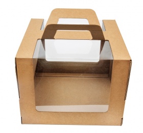 Гофрированная коробка для торта серия "Fupeco RWinCakeHandBox" Премиум c ручками и круговым окном 260*260*200 от 1 до 3 кг бур/бур (Д 15-26см)