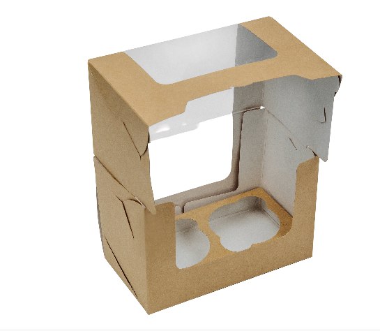 Коробка для капкейков на 2 шт. с круговым окном, серия "Fupeco RWinCupcakeBox" Премиум из бур/бел мелованного картона. Размер 165*90*110 мм.