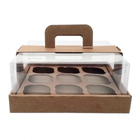 Коробка для на 9 капкейков c прозрачной пластиковой крышкой и ручкой. Р-р 240*240*110 мм, серия "Fupeco GlassTopCupcakeHandBox", бур/бур