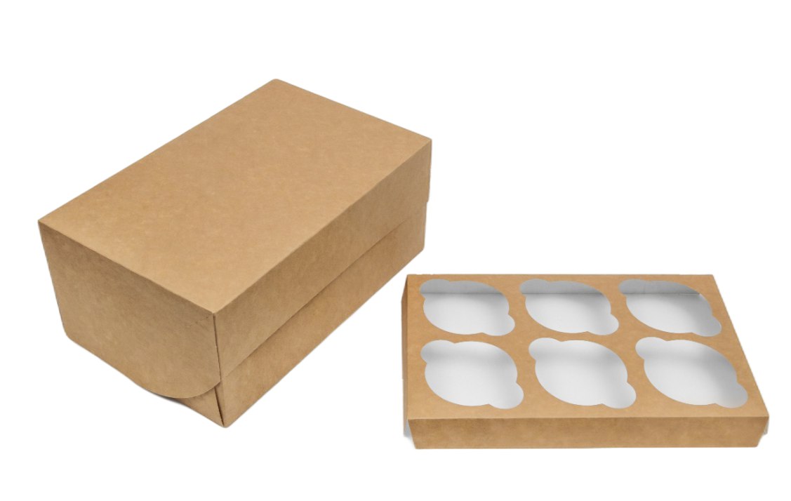 Коробка картонная серия "Fupeco CupcakeBox" Стандарт для капкейков на 6 шт, из бур/бел крафт картона.Размер 250*160*110 мм.