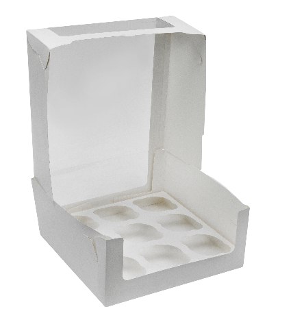 Коробка картонная серия "Fupeco RWinCakeBox" Премиум, с круговым окном из бел/бел картона на 9 капкейков 250*250*100 мм.