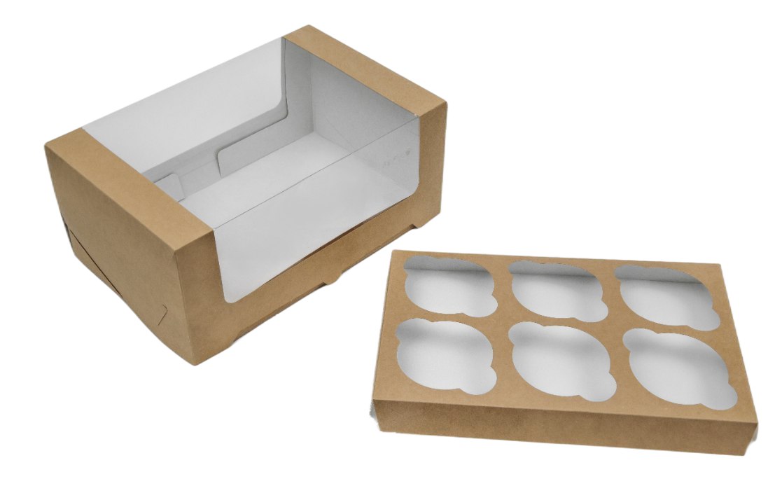 Коробка картонная серия "Fupeco WinCupcakeBox" Стандарт самосборная для капкейков на 6 шт, с прозрачным окном, из бур/бел крафт картона. Размер 250*160*110 мм.
