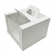 Гофрированная коробка для торта серия "Fupeco RWinCakeHandBox" c ручками и круговым окном 260*260*200 от 1 до 3 кг бел/бел (Д 15-26см)
