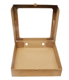 Гофрированная картонная коробка для пирога с окном серия "Fupeco WinPieBox" Крафт, 280*280*70 из 3-х слойного микрогофрокартона бур/бур (Д 25-28 см)