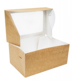 Коробка картонная серия "Fupeco WinSweetBox" Стандарт самосборная для пирожных,с прозрачным окном, из бур/бел крафт картона.Размер 250*160*110 мм.