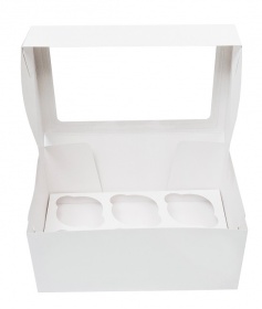 Коробка картонная серия "Fupeco WinCupcakeBox" Премиум, для капкейков на 6 шт., с прозрачным окном, из бел/бел картона.Размер 249*160*110 мм.