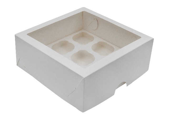 Коробка картонная серия "Fupeco WinCupcakeBox", самосборная для капкейков на 9 шт., с прозрачным окном, из бел/бел картона.Размер 250*250*100 мм.