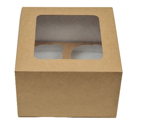 Картонная упаковка под капкейки на 4 шт., серия "Fupeco WinCupcakeBox" Стандарт  с прозрачным окном, из бур/бел крафт картона. Размер 160*160*110 мм.