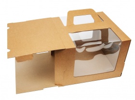 Гофрированная коробка для кулича серия "Fupeco RWinCakeHandBox" c ручками и круговым окном 260*260*200 от 1 до 3 кг бур/бур (Д 15-26см)