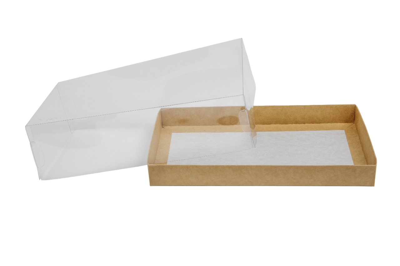 Упаковка для пирожных и кейк-попсов на 5шт с прозрачной пластиковой крышкой, Серия "Fupeco GlassTopCakePopsBox" Премиум, бур/бел. Размер 250*150*70 мм.