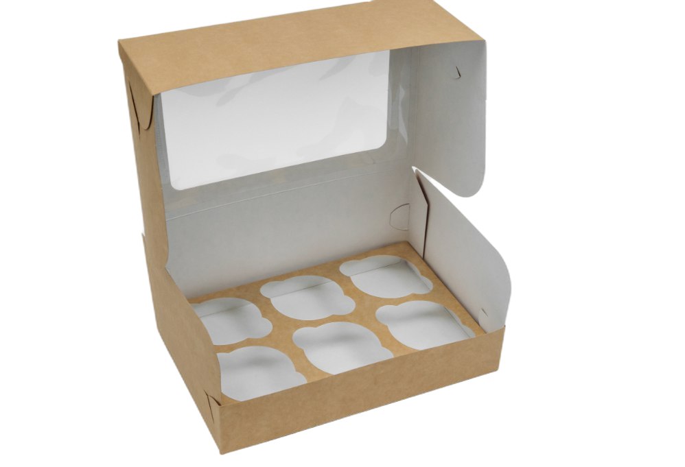 Коробка картонная серия "Fupeco WinCupcakeBox" Стандарт, самосборная для капкейков на 6 шт., с прозрачным окном, из бел/бел картона.Размер 250*160*110 мм.