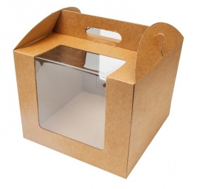 Упаковка для кулича серия "Fupeco WinCakeHandBox" Стандарт c ручками и прозрачными окнами 300*300*250 от 1 до 3кг бур/бур (Д 15-30см)