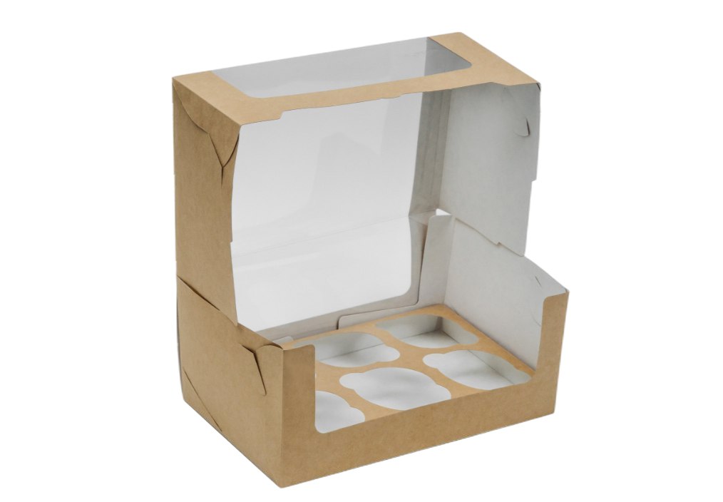 Коробка картонная серия "Fupeco WinCupcakeBox" Стандарт самосборная для капкейков на 6 шт, с прозрачным окном, из бур/бел крафт картона. Размер 250*160*110 мм.
