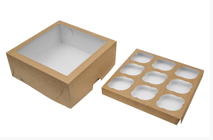 Картонная упаковка с прозрачным окном серия "Fupeco WinCupcakeBox" Премиум под капкейки на 9 шт, из бур/бел крафт картона. Размер 250*250*100 мм