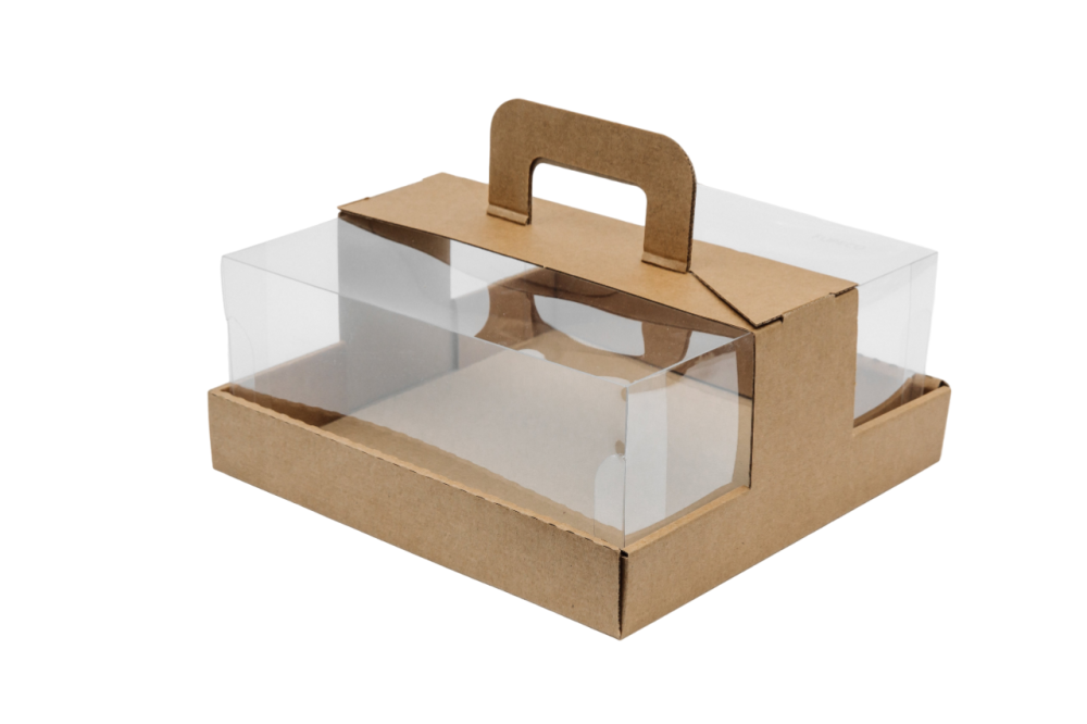 Коробка для торта до 2кг c прозрачной пластиковой крышкой и ручкой. Р-р 240*240*110 мм, серия "Fupeco GlassTopCakeHandBox" Премиум , бур/бур