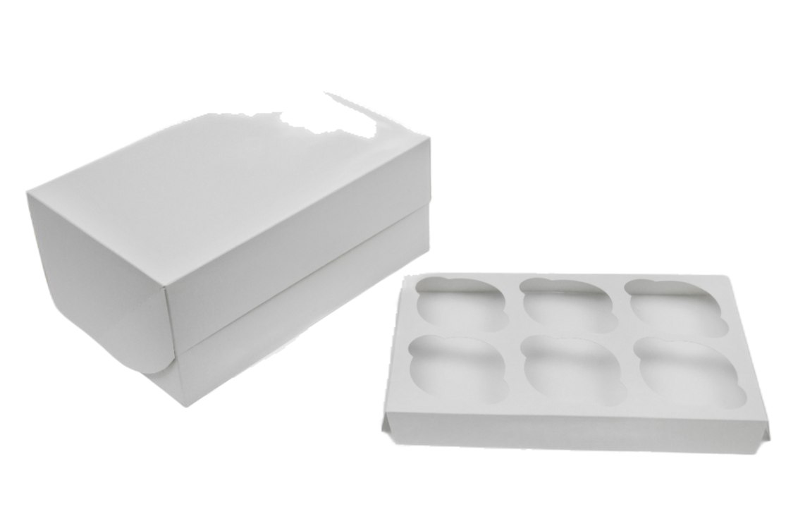 Картонная коробка серия "Fupeco CupcakeBox" Эконом для капкейков на 6 шт., из бел/бел мелованного картона. Размер 250*160*110 мм.