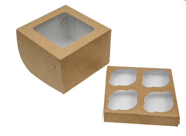 Картонная упаковка под капкейки на 4 шт., серия "Fupeco WinCupcakeBox" Стандарт  с прозрачным окном, из бур/бел крафт картона. Размер 160*160*110 мм.