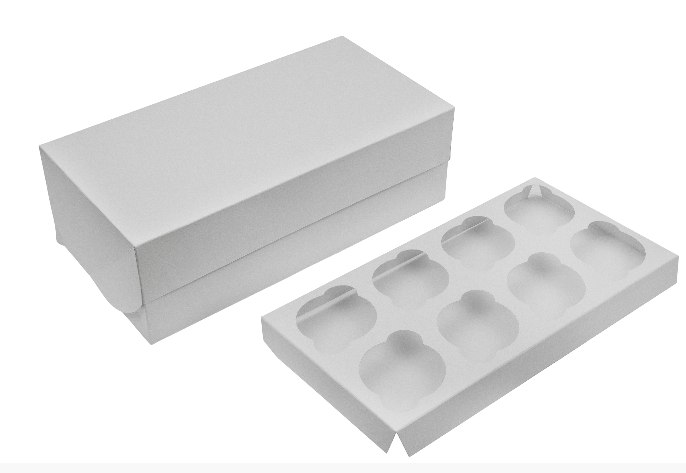 Картонная упаковка под капкейки на 8 шт., серия "Fupeco CupcakeBox" Стандарт из бел/бел мелованного картона. Размер 330*160*110 мм.