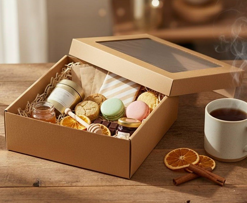 Коробка для подарков с окном 350*350*120мм из микрогофрокартона, бур/бур (крышка + дно)