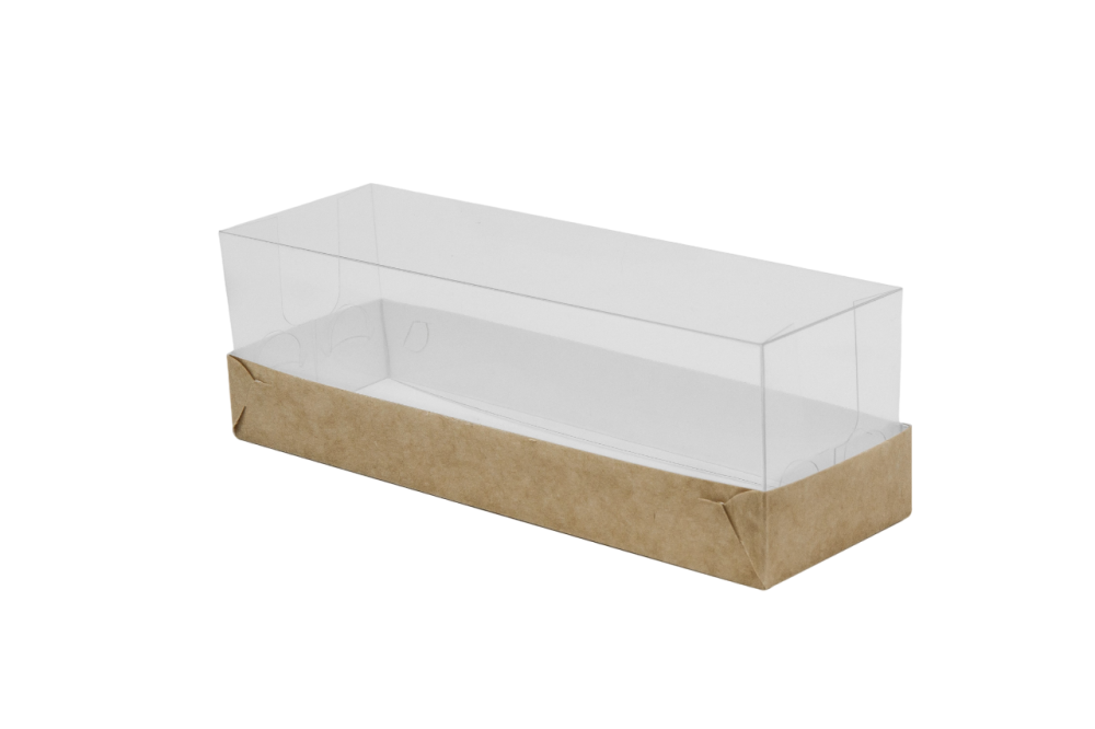 Коробка для макарун с прозрачной пластиковой крышкой, на 6шт  серии "Fupeco GlassTopMacCase" Премиум, бур/бел. Размер 185*60*60 мм.