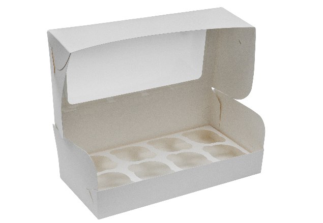 Картонная упаковка под капкейки на 8 шт., с прозрачным окном серия "Fupeco WinCupcakeBox" Стандарт из бел/бел мелованного картона. Размер 330*160*110 мм.