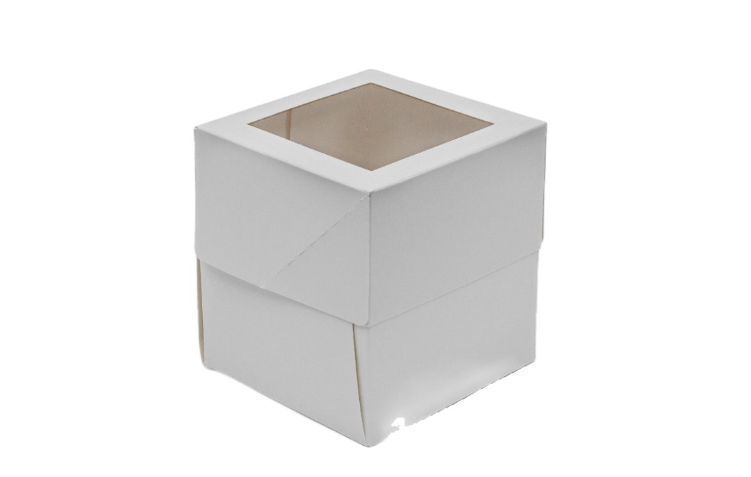 Упаковка картонная для капкейка на 1 шт. с прозрачным окном, серия "Fupeco WinCupcakeBox"  Стандарт из бел/бел мелованного картона. Размер 100*100*110 мм.