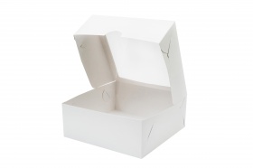 Картонная упаковка с прозрачным окном серия "Fupeco WinSweetBox" Премиум для пирожных, из бел/бел мелованного картона. Размер 250*250*100 мм.