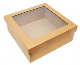 Коробка для подарков с окном 300*300*120мм из микрогофрокартона, бур/бур (крышка + дно)
