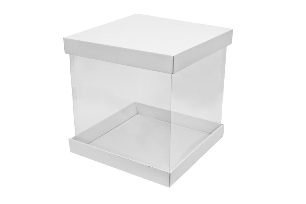Коробка для торта до 3кг с прозрачными стенками со всех сторон Премиум. Р-р 300*300*320, серия "Fupeco RWinCakeBox", бел/бел