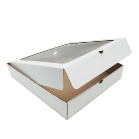 Гофрированная коробка с окном серия "Fupeco WinPieBox"  под пирог 280*280*70 из 3-х слойного микрогофрокартона бел/бур (Д 25-28 см)
