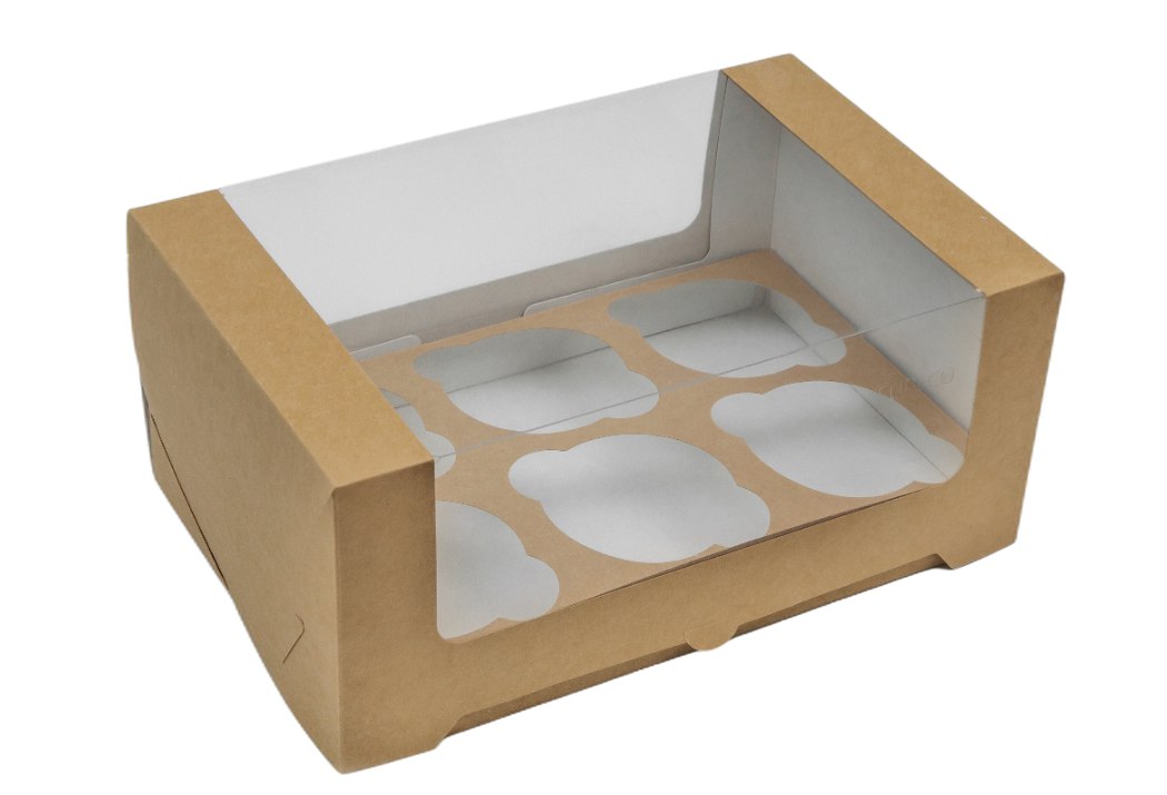 Коробка картонная серия "Fupeco WinCupcakeBox" Стандарт самосборная для капкейков на 6 шт, с прозрачным окном, из бур/бел крафт картона. Размер 250*160*110 мм.