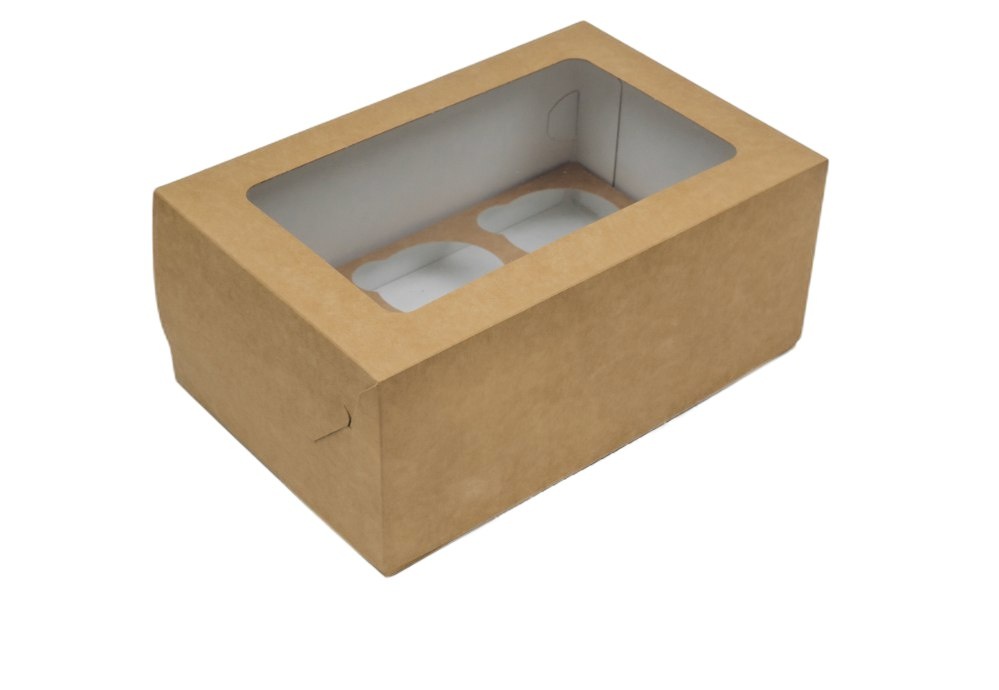 Коробка картонная серия "Fupeco WinCupcakeBox" Стандарт самосборная для капкейков на 6 шт, с прозрачным окном, из бур/бел крафт картона. Размер 250*160*110 мм.