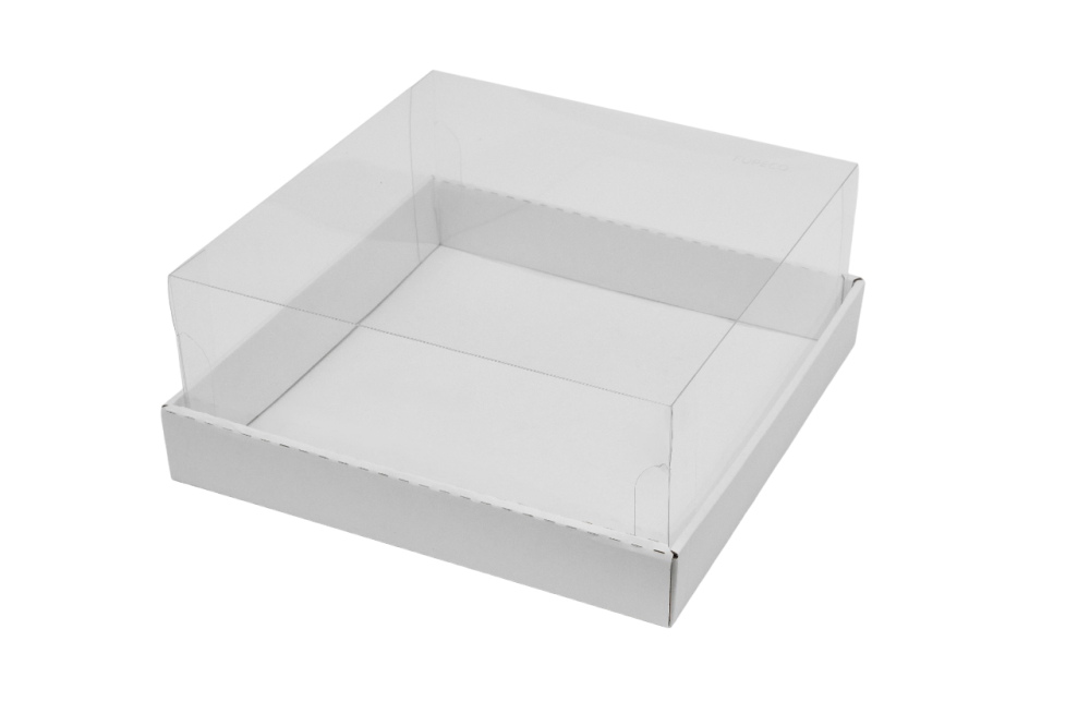 Коробка для торта до 2кг с прозрачной пластиковой крышкой. Р-р 240*240*110, серия "Fupeco GlassTopCakeBox" Премиум, бел/бел