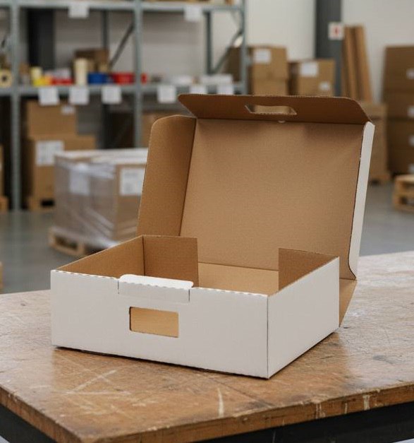 Гофрированная коробка  380*290*120 самосборная для обуви, с ручками из 3-слойного гофрокартона бел/бур для маркетплейсов.