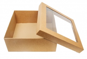 Коробка для подарков с окном 300*300*120мм из микрогофрокартона, бур/бур (крышка + дно)
