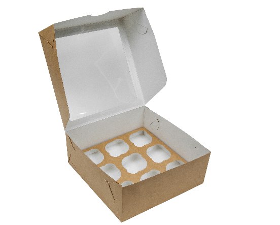 Картонная упаковка с прозрачным окном серия "Fupeco WinCupcakeBox" Премиум под капкейки на 9 шт, из бур/бел крафт картона. Размер 250*250*100 мм