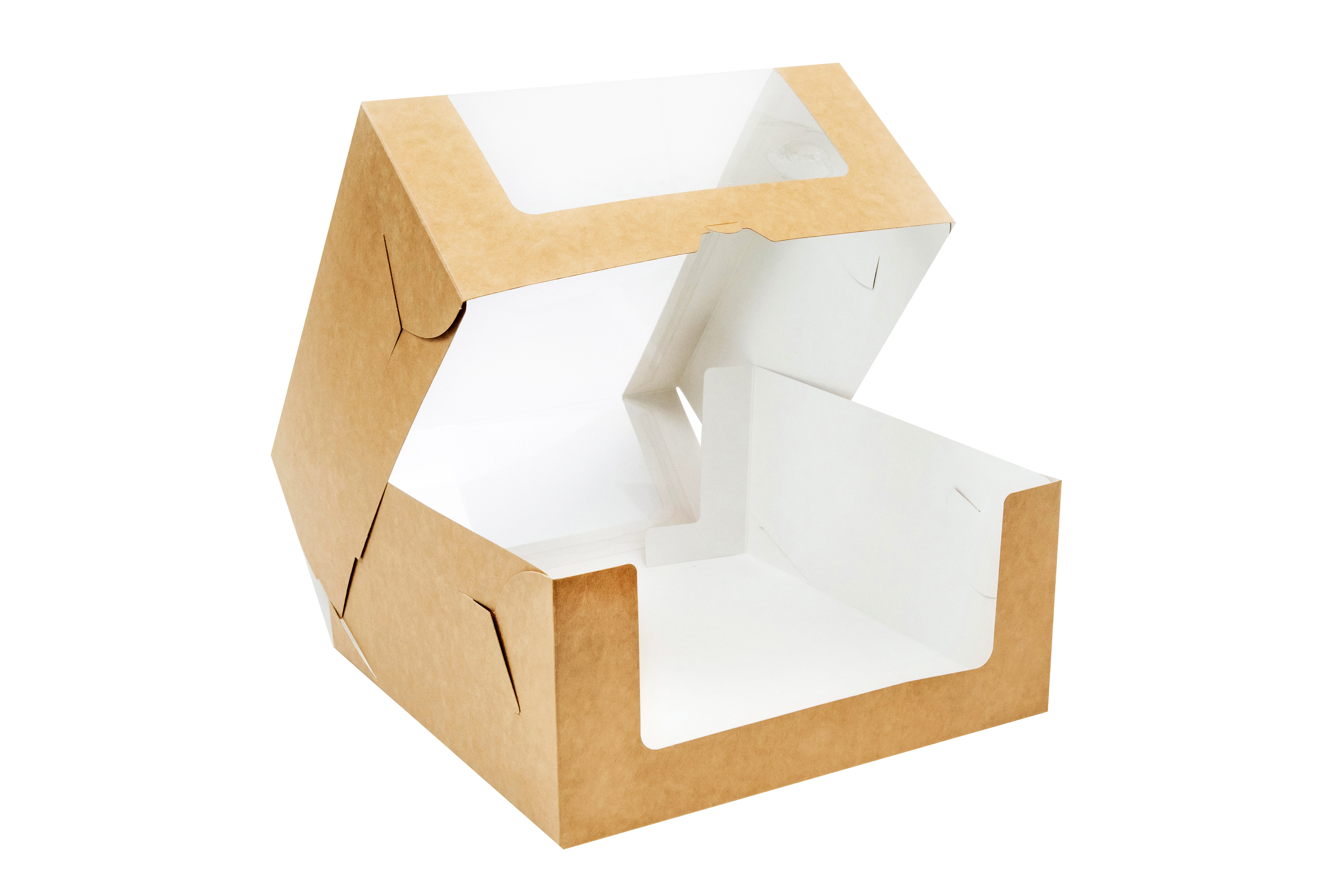Коробка для торта серии "Fupeco RWinCakeBox" Премиум с круговым окном. Размер 250*250*110. Из бур/бел крафт картона.