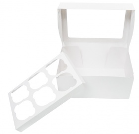 Коробка картонная серия "Fupeco WinCupcakeBox" Стандарт, самосборная для капкейков на 6 шт., с прозрачным окном, из бел/бел картона.Размер 250*160*110 мм.