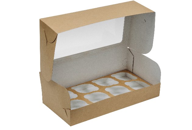 Картонная упаковка с прозрачным окном серия "Fupeco WinCupcakeBox" Стандарт  под капкейки на 8 шт, из бур/бел крафт картона. Размер 330*160*110 мм.