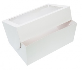 Коробка картонная серия "Fupeco WinSweetBox", самосборная для пирожных, с прозрачным окном, из бел/бел картона.Размер 250*160*110 мм.
