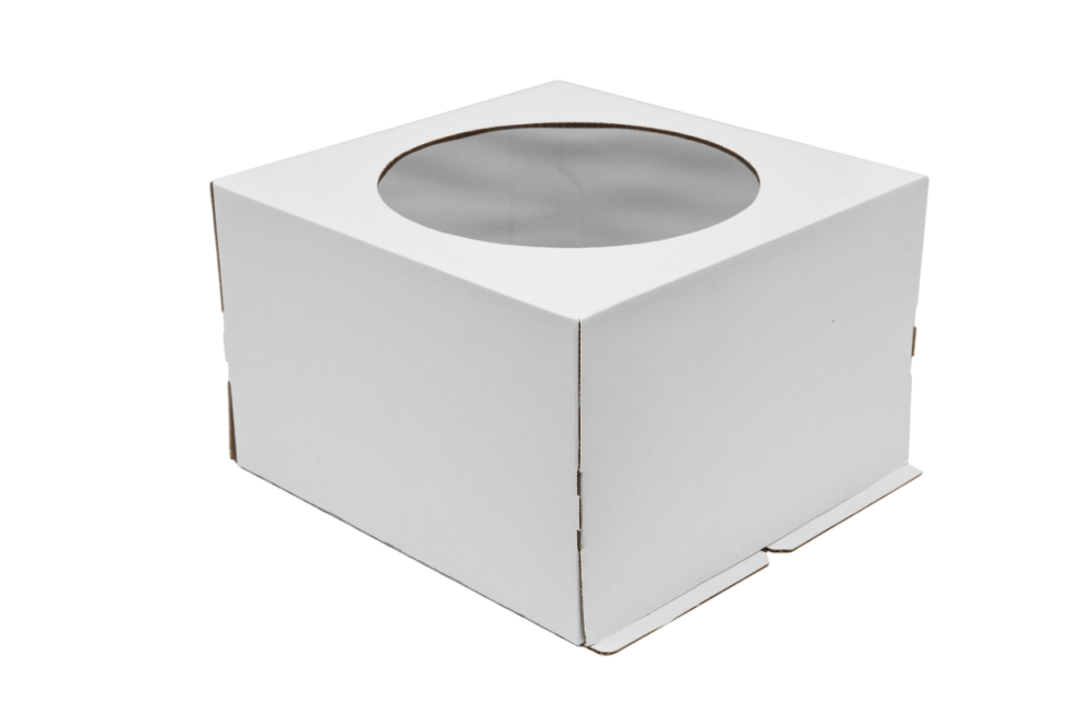 Гофрированная коробка для торта c прозрачным окошком на крышке 300*300*190 от 1 до 3кг бел/бур серия "Fupeco WinCakeBox" Стандарт (Д 15-29см)