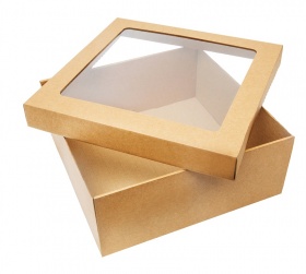 Коробка для подарков с окном 350*350*120мм из микрогофрокартона, бур/бур (крышка + дно)