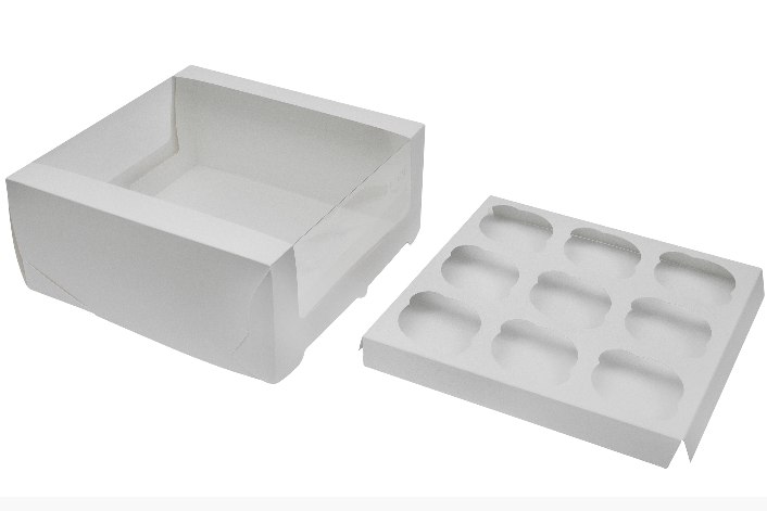 Коробка картонная серия "Fupeco RWinCakeBox" Премиум, с круговым окном из бел/бел картона на 9 капкейков 250*250*100 мм.